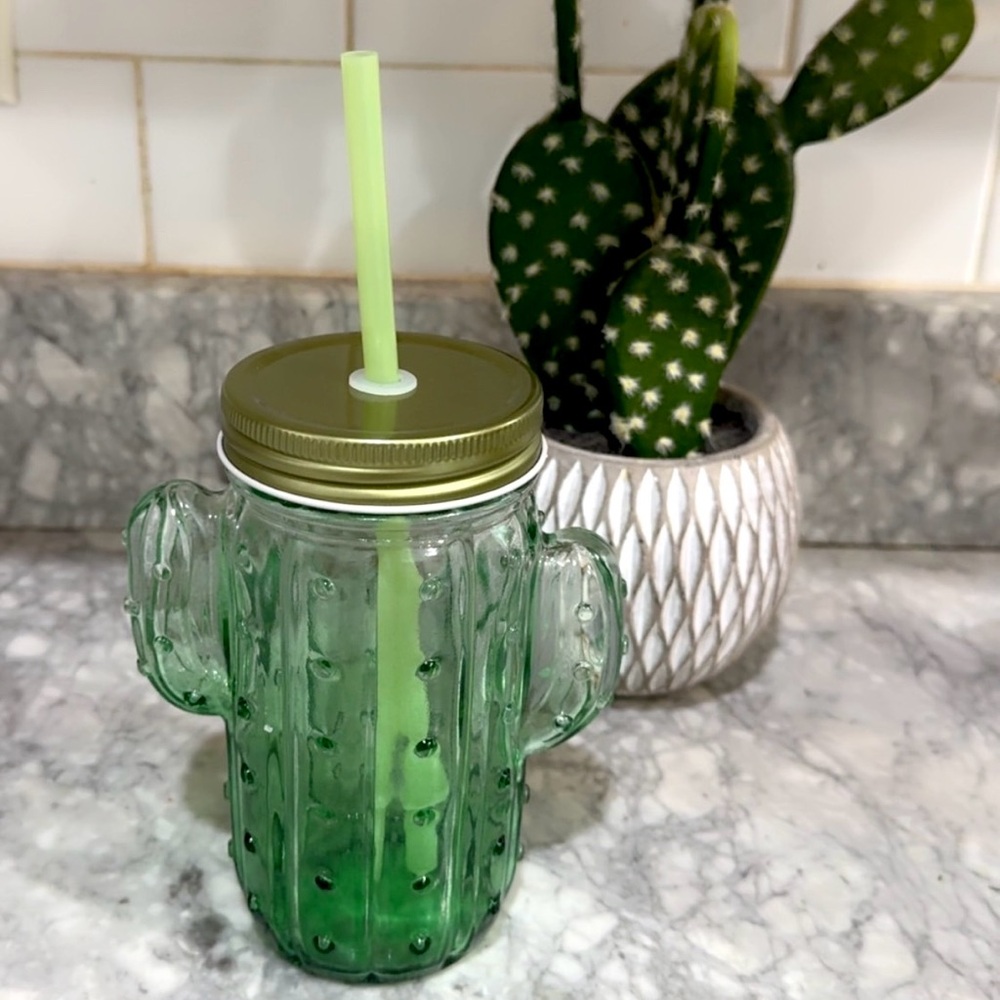 Cactus-Shaped Green Glass Jar with Straw
